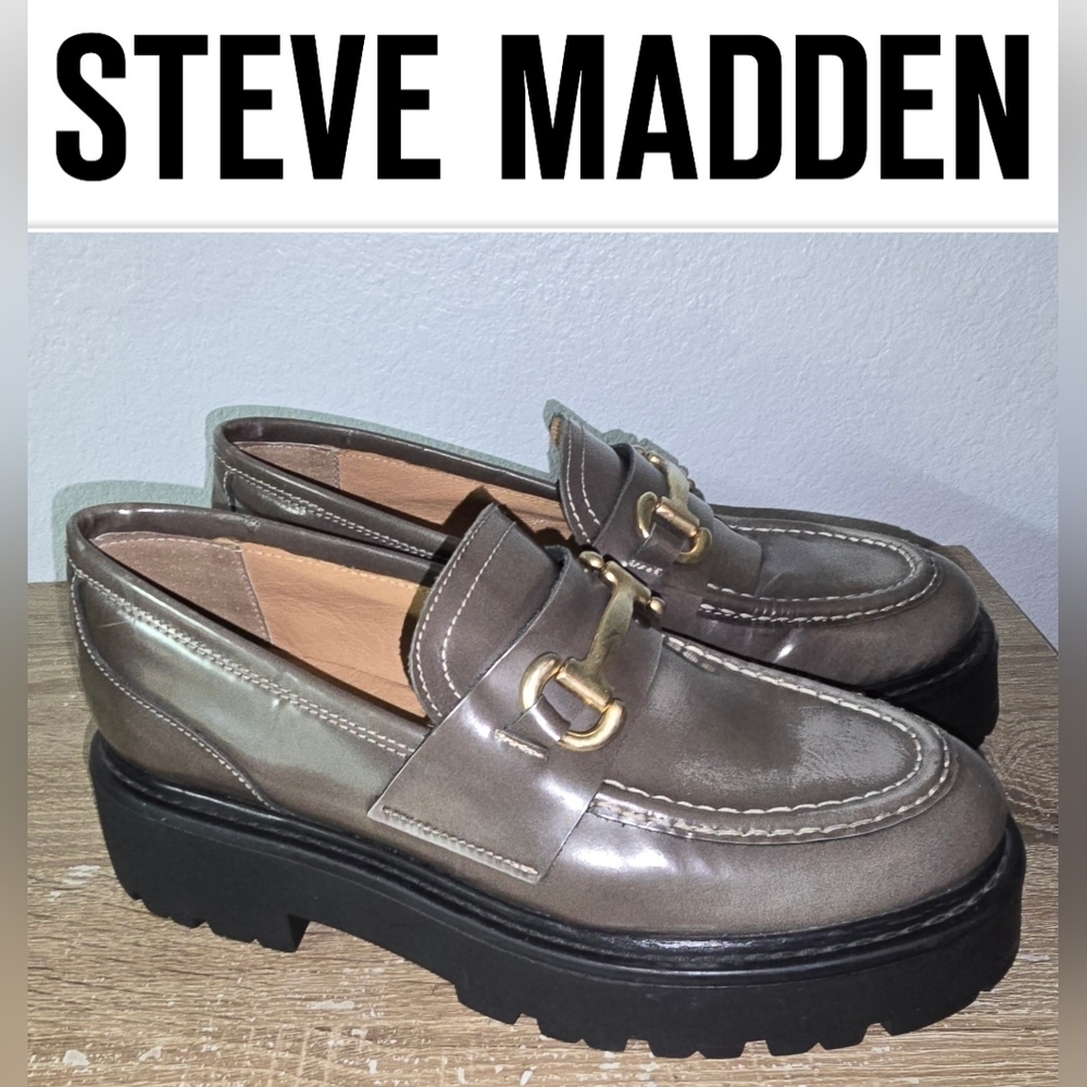 Steve Madden Roux Distressed Gray Leather Chunky Platform Loafer Shoe Women's 10